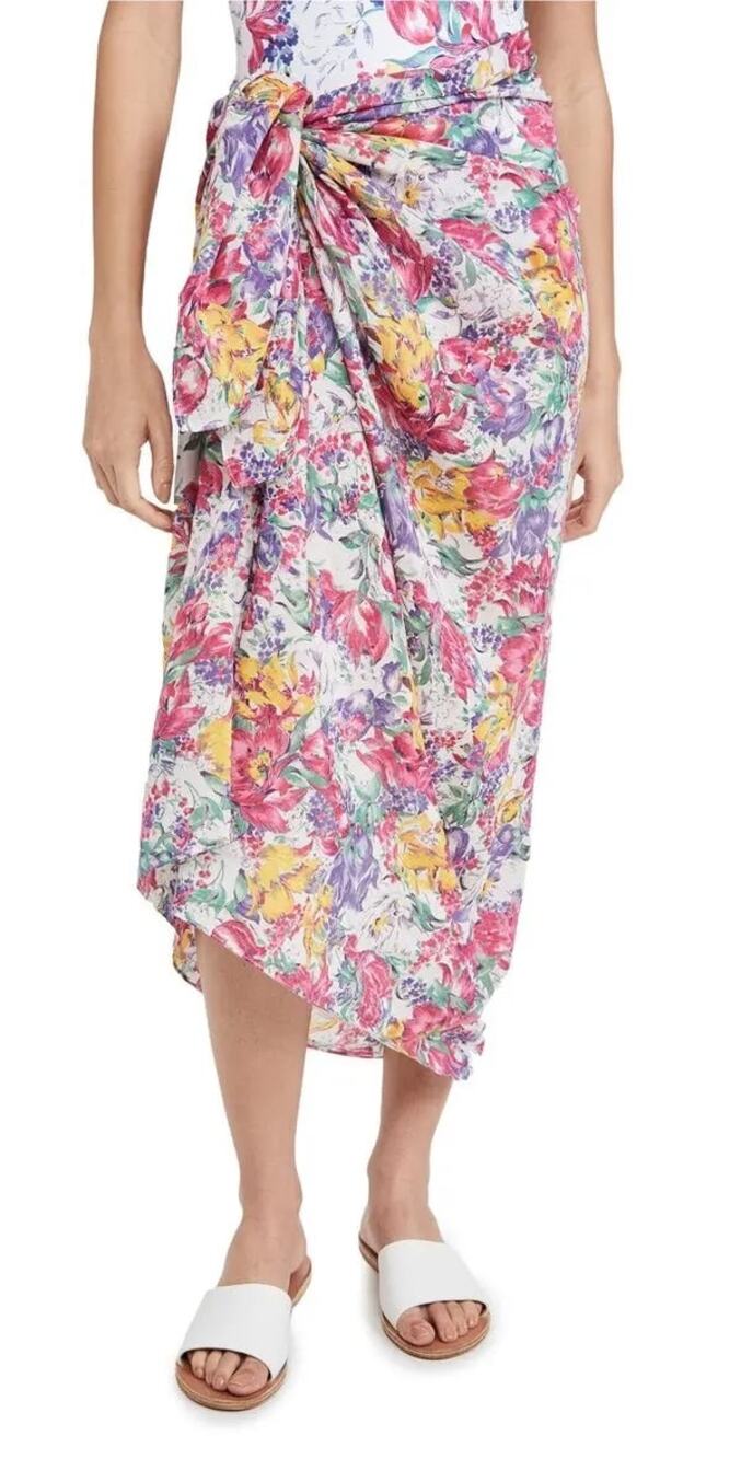 LoveShackFancy Noa Pareo Floral Print Silk Blend Sarong Wrap Coverup Midi Skirt